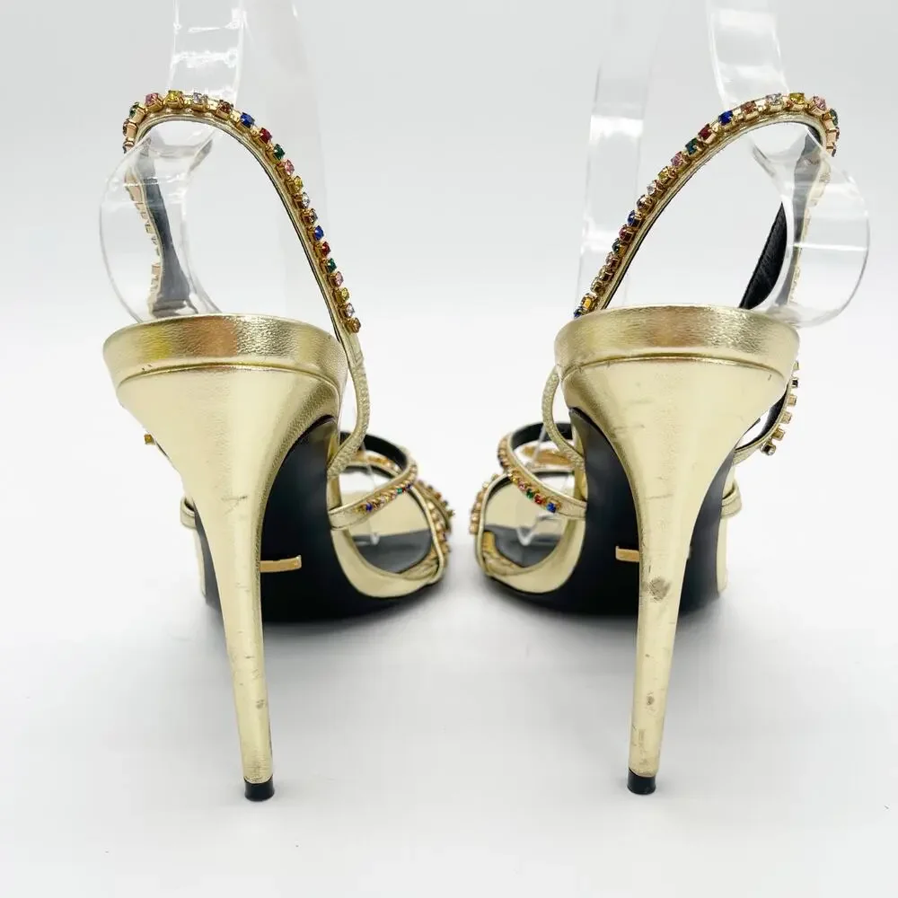 Gucci Carmen Crystal Embellished Gold Leather Bow High Heel Sandals EU 38.5 - Picture 8 of 13